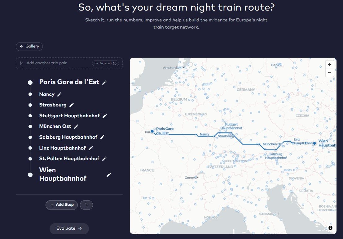 Sketch a route on the real rail map — here Paris to Vienna, stop by stop.